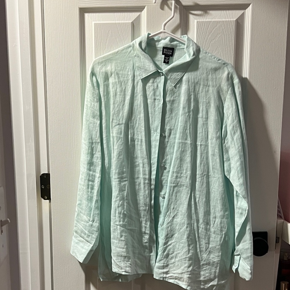 Eileen Fisher Soft Mint Green Linen Button-Front Shirt